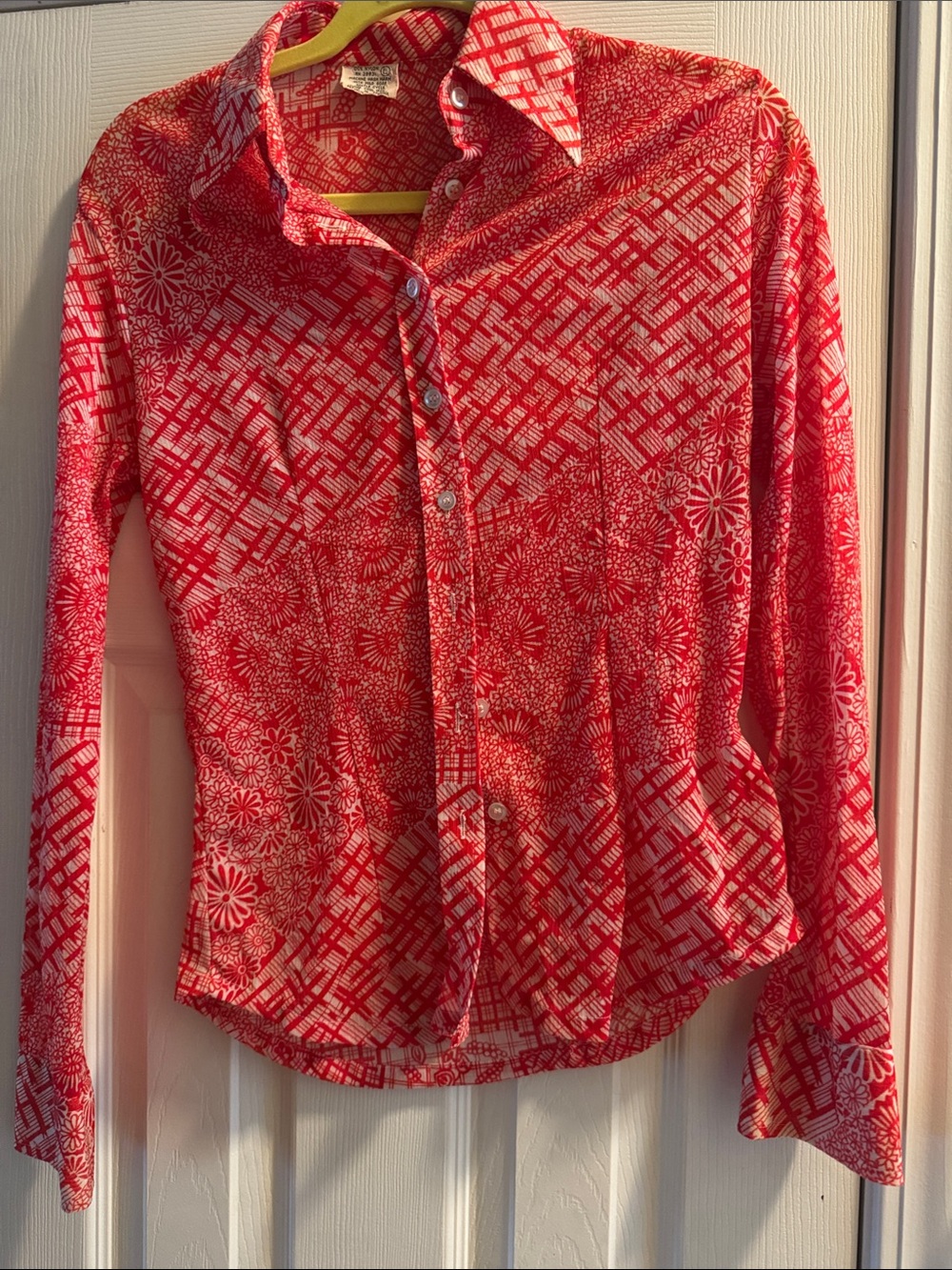 Red Patterned Button-Up Shirt